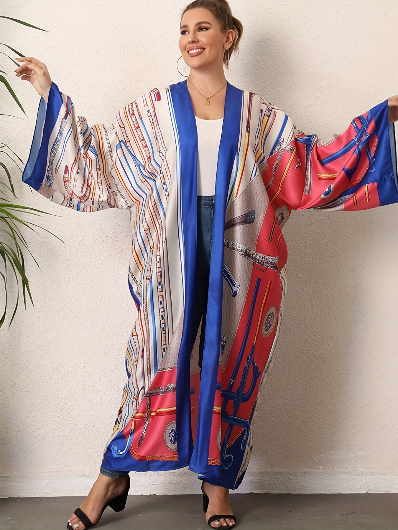 Boho Kimono Women's Plus Size Allover Print Long Sleeve Open Front Beachwear