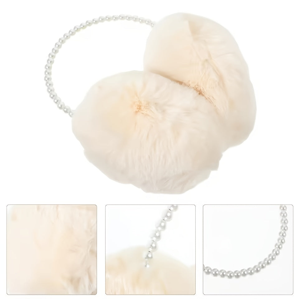 Women's Beige Pearl Winter Earmuffs Soft Fleece Lined Headband