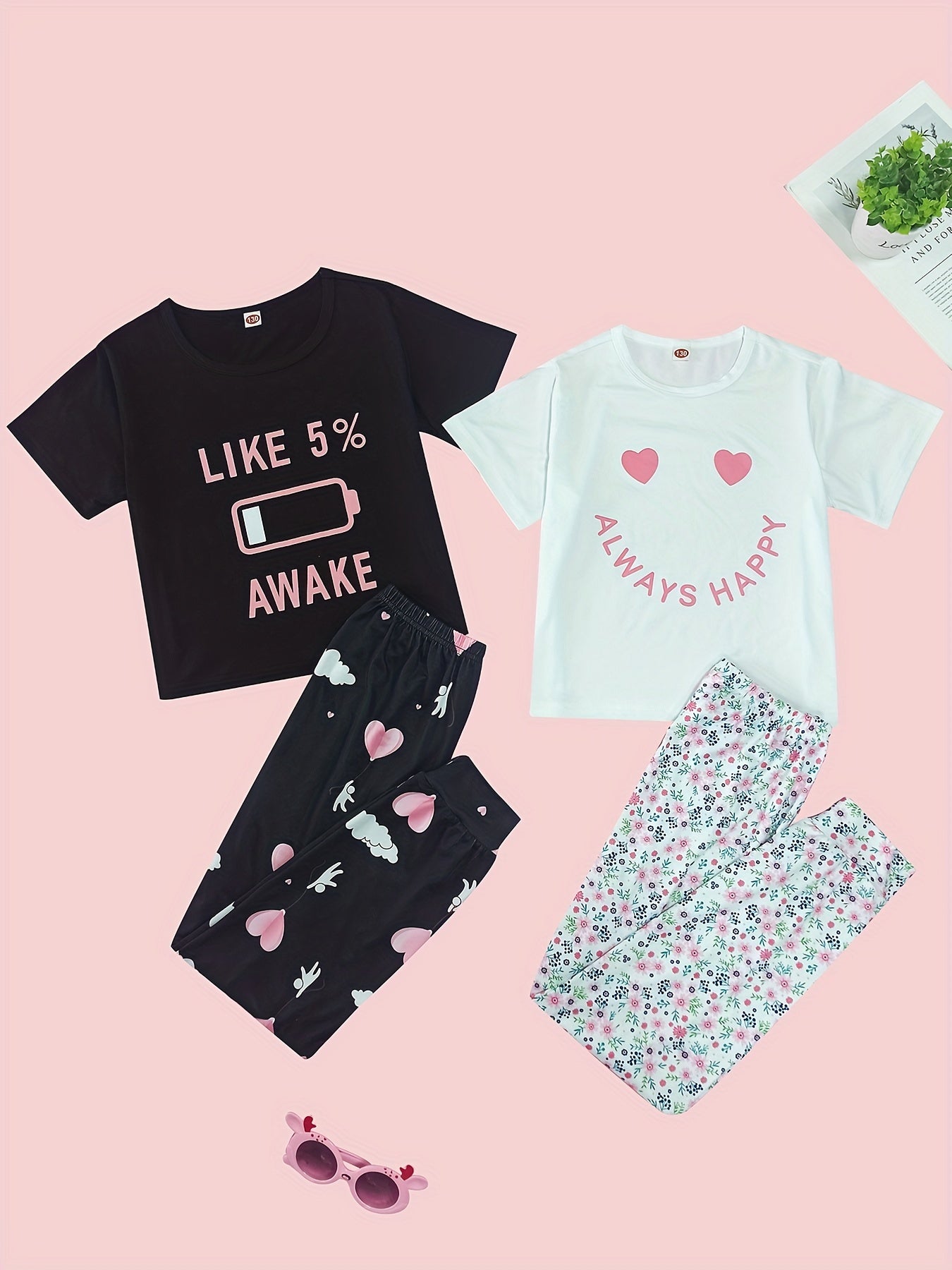 Girls 4pcs Pajama Set Graphic Tee Tops & Pants
