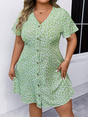  Boho Dress Women's Plus Ditsy Floral Print Short Sleeve V Neck Button