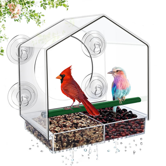 Window Bird Feeder w/ Strong Suction Cups - 3 Compartment Tray