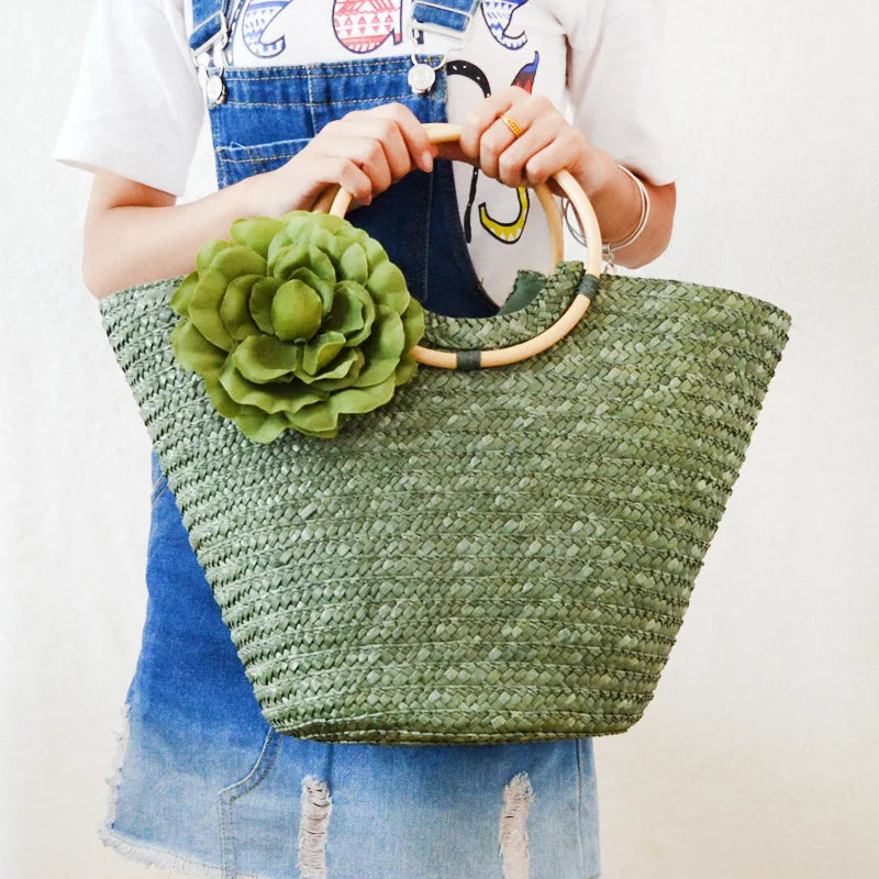 Circle Bamboo Handle Straw Bag Flower Bag A4105