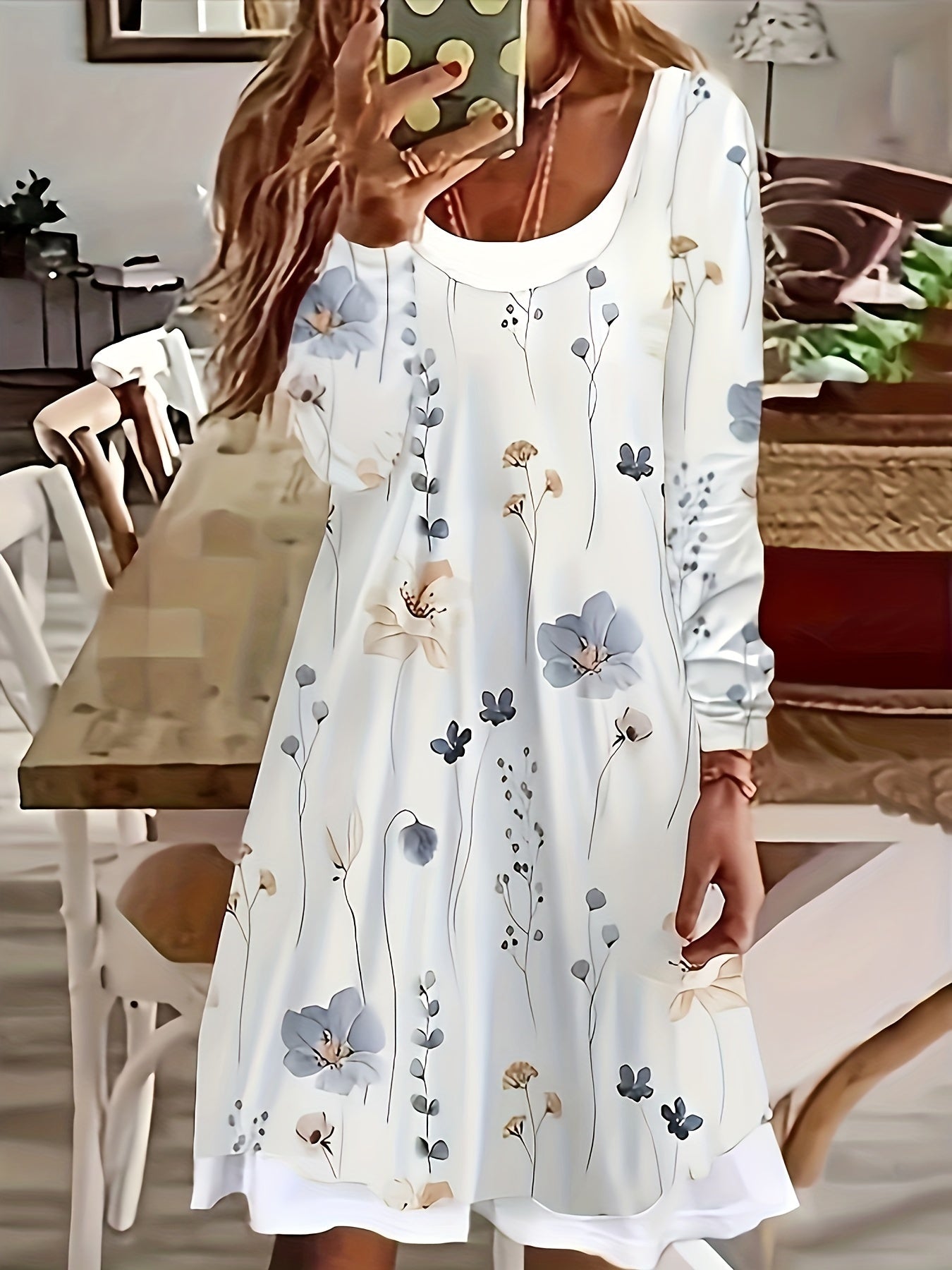  Colorblock Floral Print Long Sleeve Dress