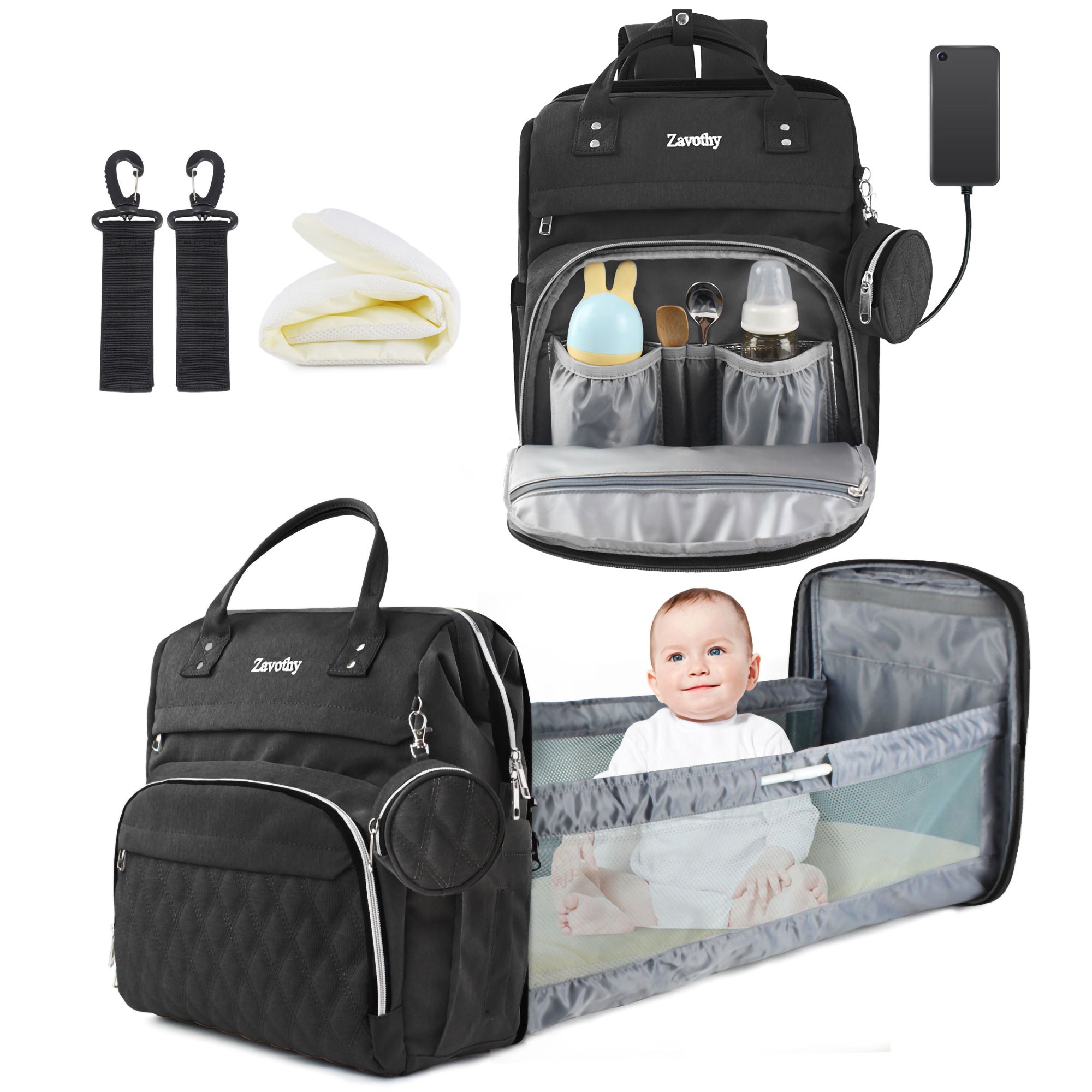 Multifunctional Backpack with Foldable Crib & USB Port
