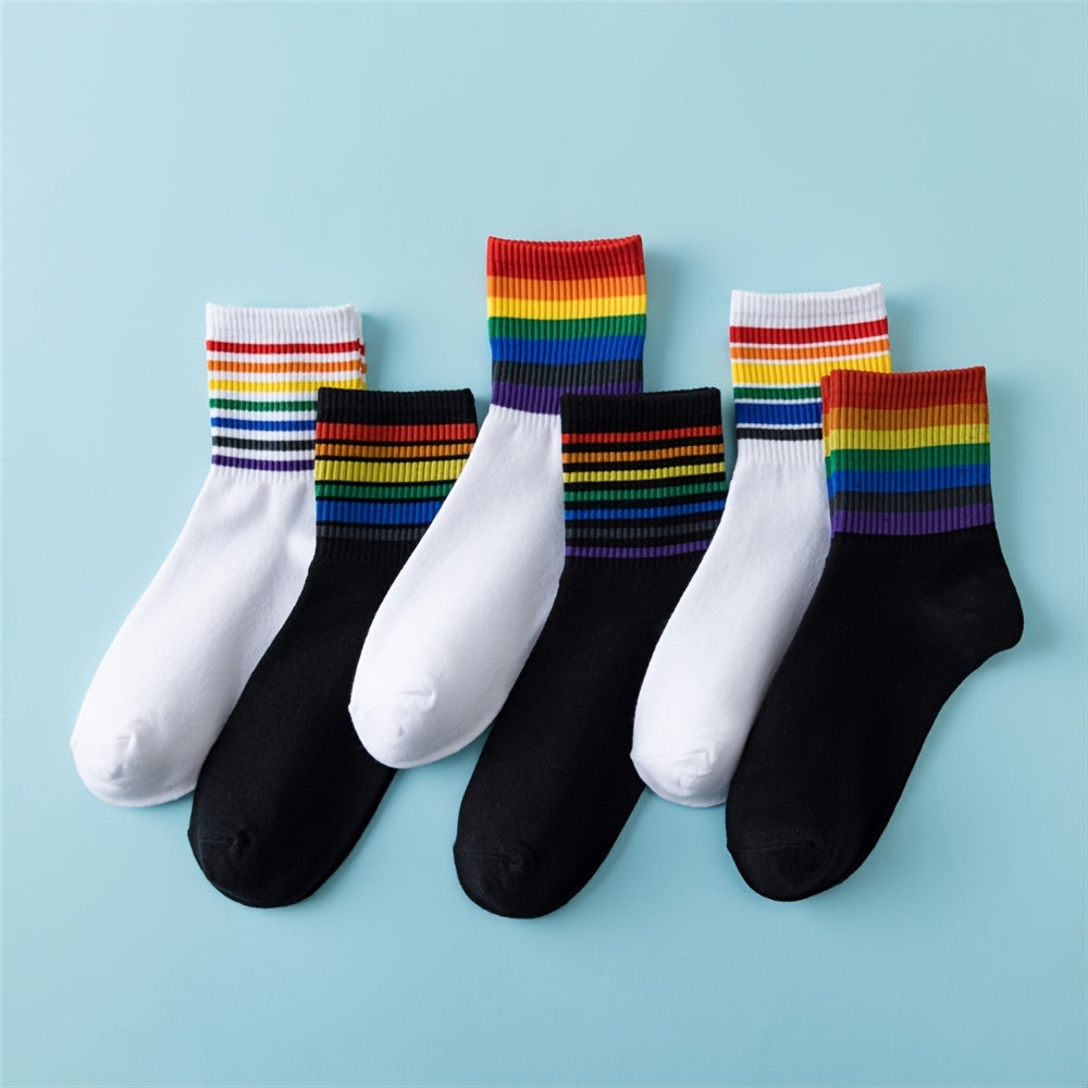 Women's Rainbow Striped Crew Socks Casual & Comfy