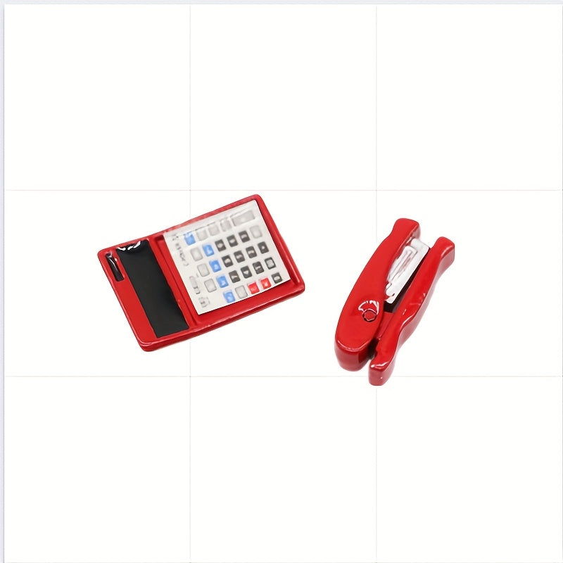 2pcs 1:12 Dollhouse Mini Metal Stapler & Mini Calculator Set