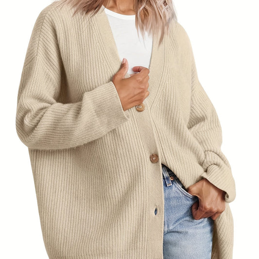  Solid Button Up Long Sleeve V Neck Cardigan