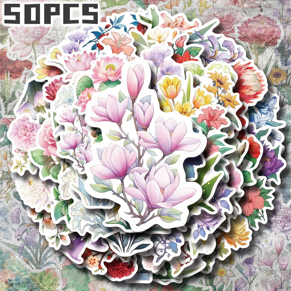 50pcs Flower Illustration Stickers Non Repeating Decor for Holidays & B