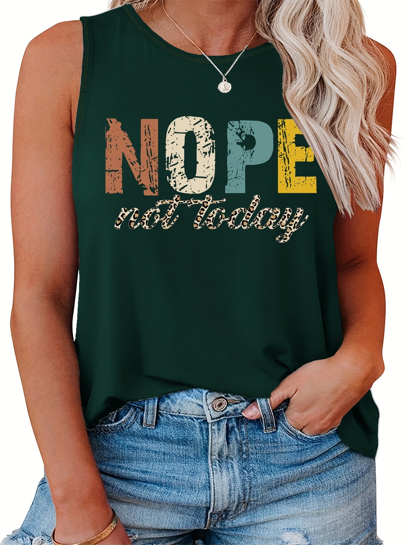  Casual Tank Top Women's Plus Letter Print Round Neck Slight Stretch
