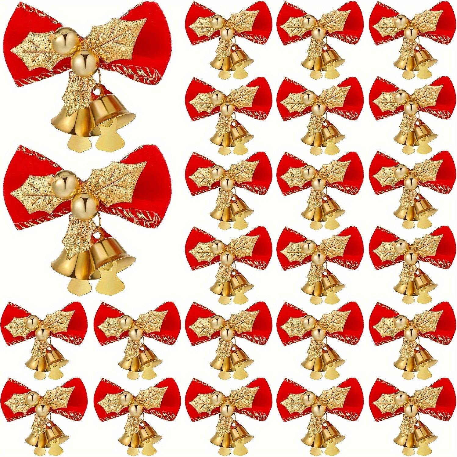 10pcs Christmas Bows With Bells Red Golden Ornaments For Christmas Tree