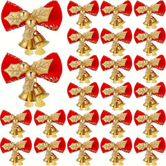 10pcs Christmas Bows With Bells Red Golden Ornaments For Christmas Tree