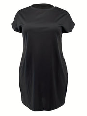Plus Size Solid Cap Sleeve Mini Dress With Pockets