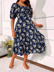  Floral Print Bubble Sleeve Square Neck Midi
