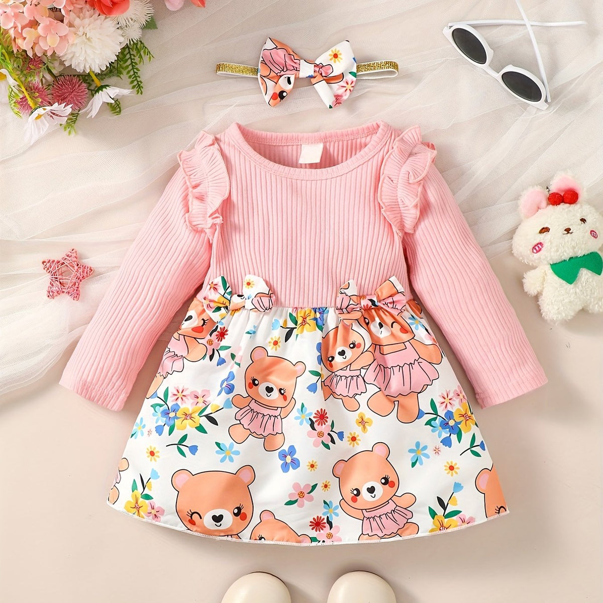 Bear Print Long Sleeve Flutter Sleeve Top Stitching Dress Baby