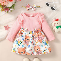Bear Print Long Sleeve Flutter Sleeve Top Stitching Dress Baby