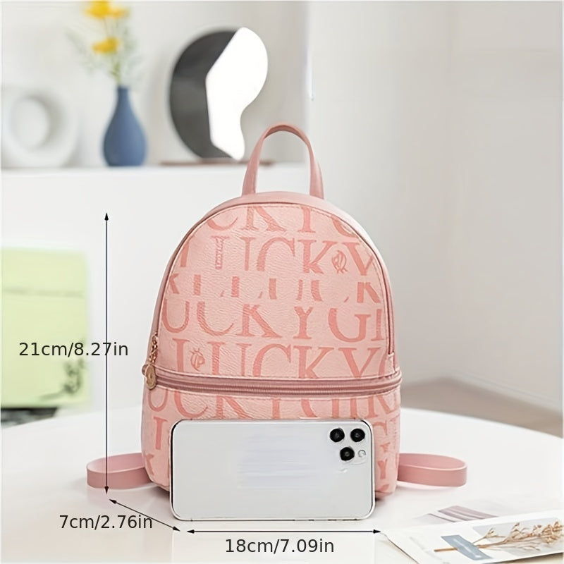 Mini Letter Print Backpack Women's Faux Leather Daypack School Bag