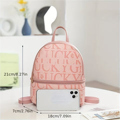 Mini Letter Print Backpack Women's Faux Leather Daypack School Bag