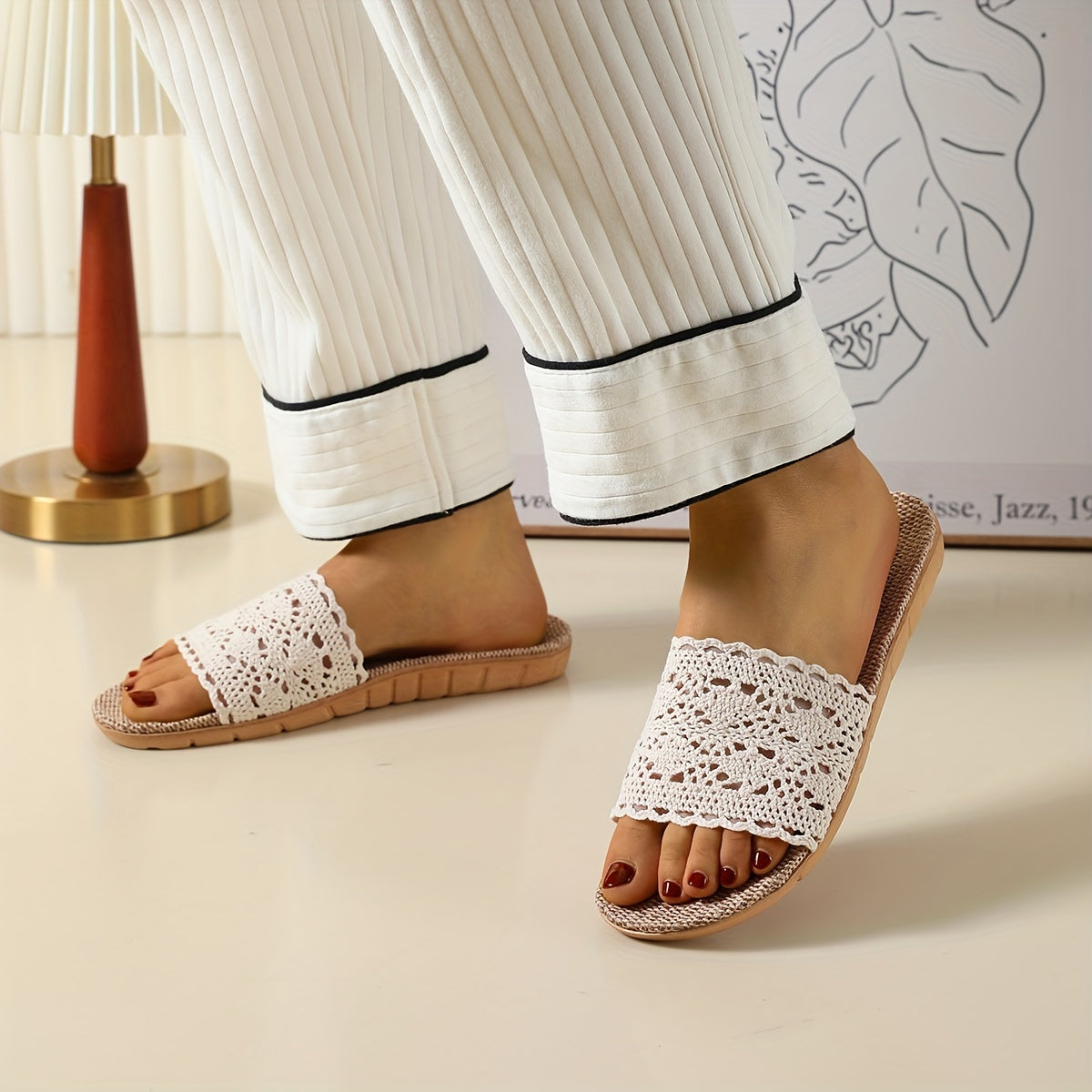 Women's Breathable Mesh Linen Slippers Open Toe Hollow Out Solid Slip On Slides