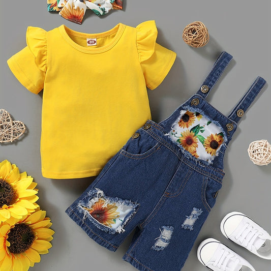 3pc Toddler Girls Ruffle Trim T Shirt Tops & Sunflower Ripped Overalls Set