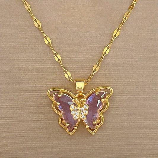 Purple CZ Butterfly Necklace for Girls