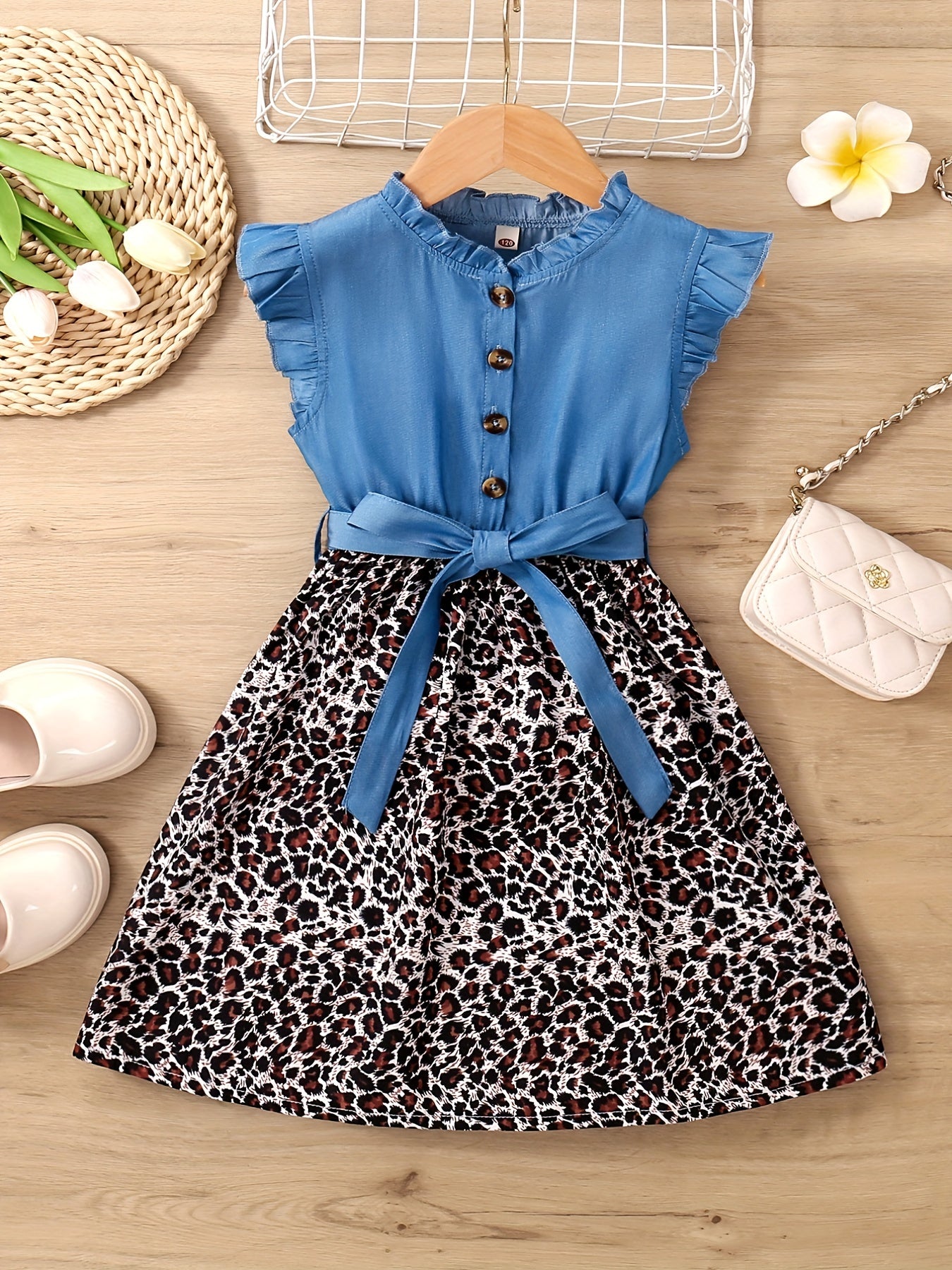 Girls Sleeveless Ruffle Denim Leopard Print Princess Dress