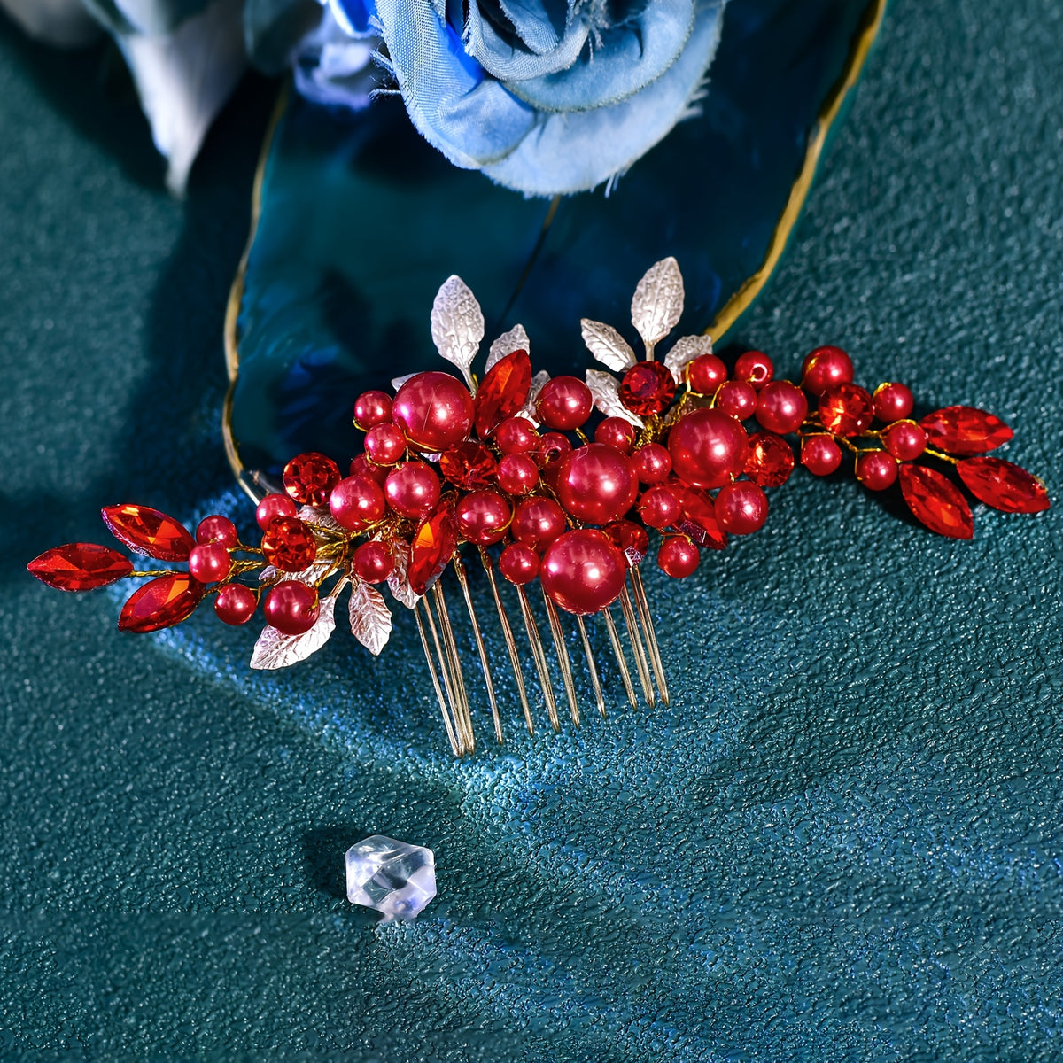 Red Beaded Bridal Headband Floral Hair Accessory