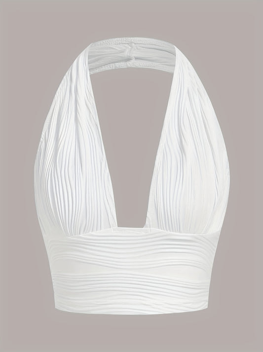 Y2K Textured Crop Halter Top Sexy V Neck Backless Halter Top