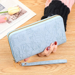 Floral Embossed Long Wallet Zipper Closure Clutch Purse