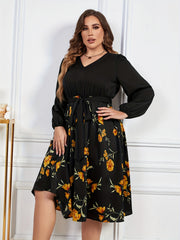 Floral Print Long Sleeve V Neck Midi Dress With Belt