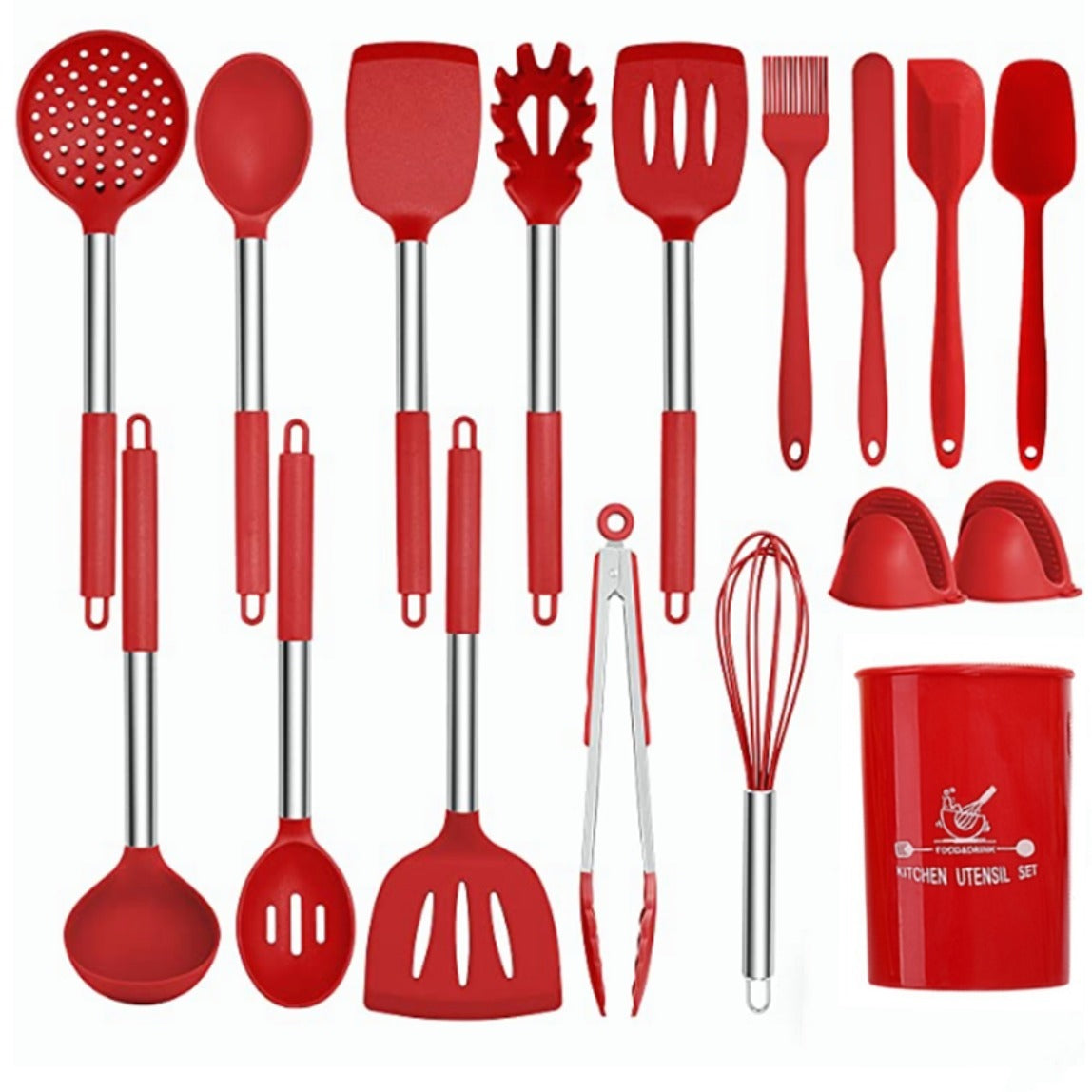 17pc Non Stick Silicone Cooking Utensil Set with Stainless Steel Handles