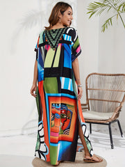  Geo Print Batwing Sleeve V-Neck Split Kaftan Cover Up