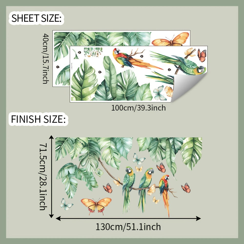 Tropical Green Plant Bird Wall Sticker for Home Decor