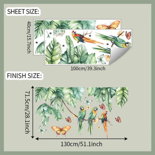 Tropical Green Plant Bird Wall Sticker for Home Decor