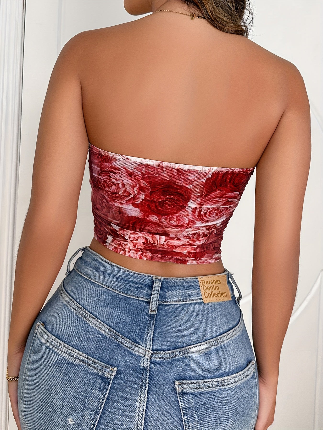 Floral Print Tube Top Sexy Backless Slim Ruched Sleeveless Top