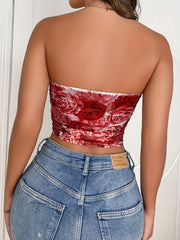 Floral Print Tube Top Sexy Backless Slim Ruched Sleeveless Top