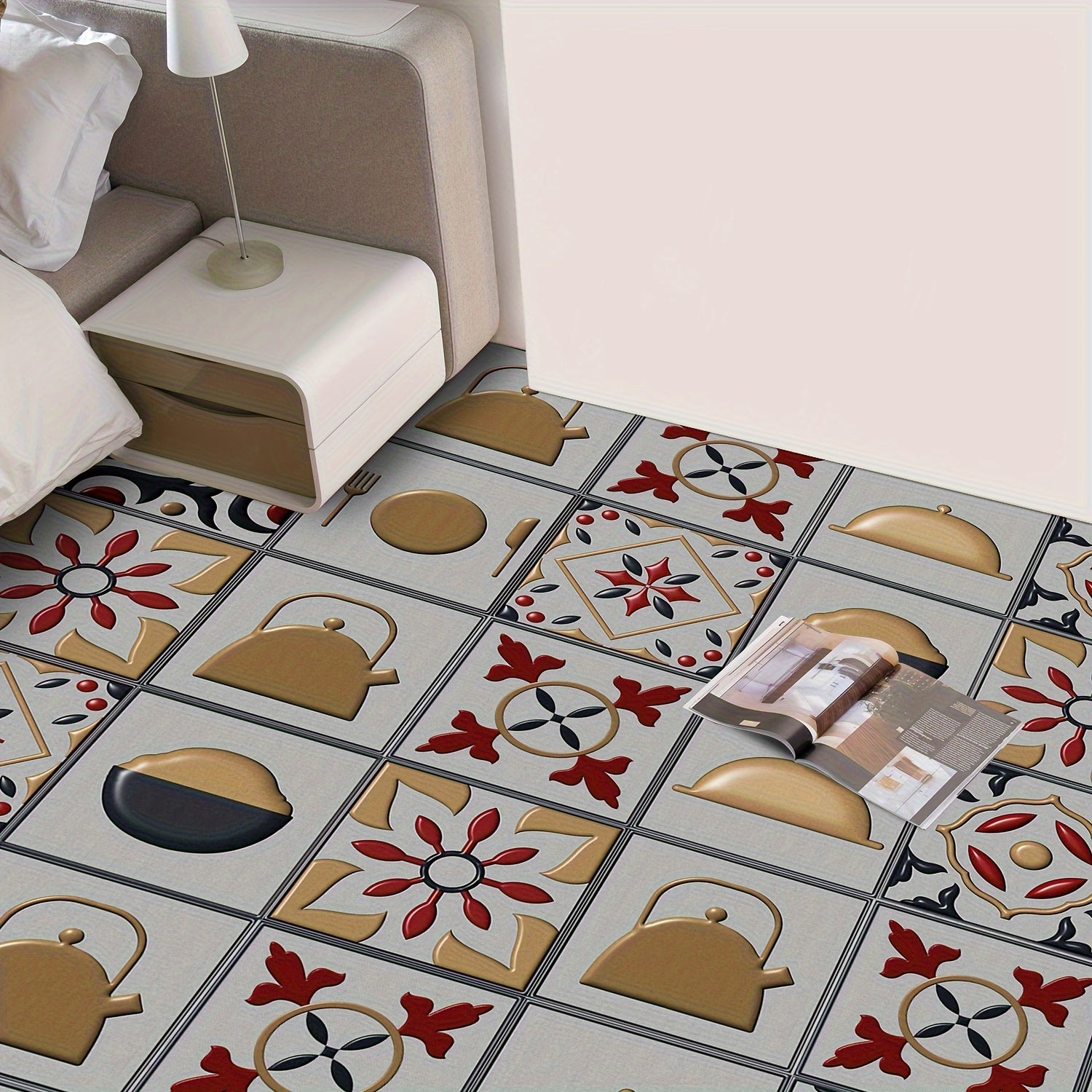 10pcs Moroccan Floral Pattern Peel And Stick Floor Tile Sticker 0.7mm Thickness