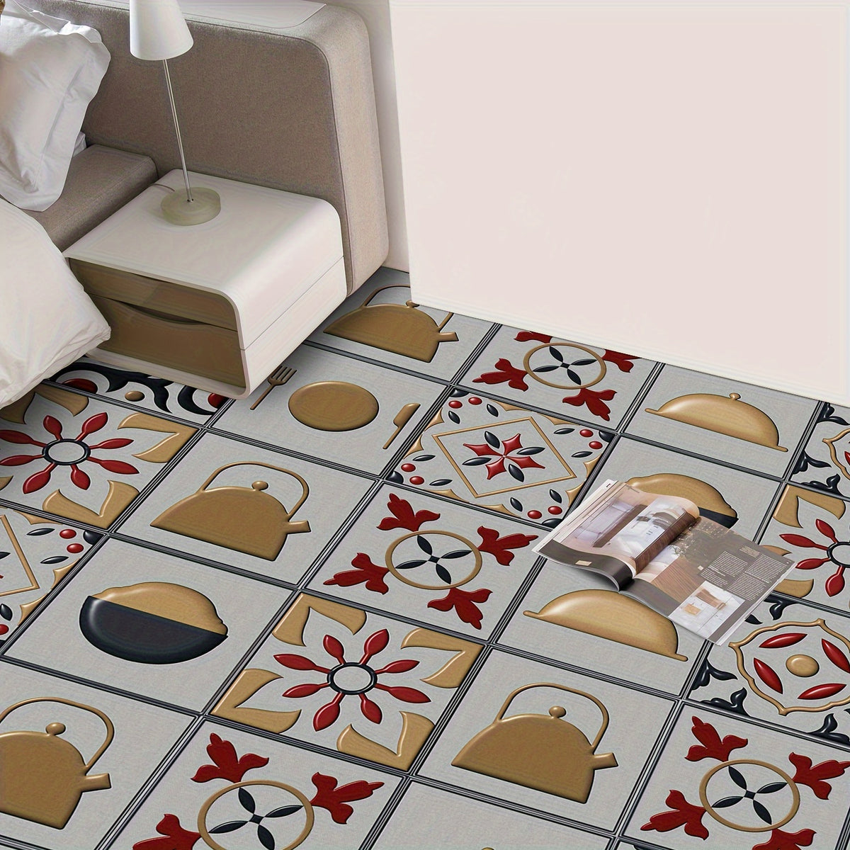 10pcs Moroccan Floral Pattern Peel And Stick Floor Tile Sticker 0.7mm Thickness