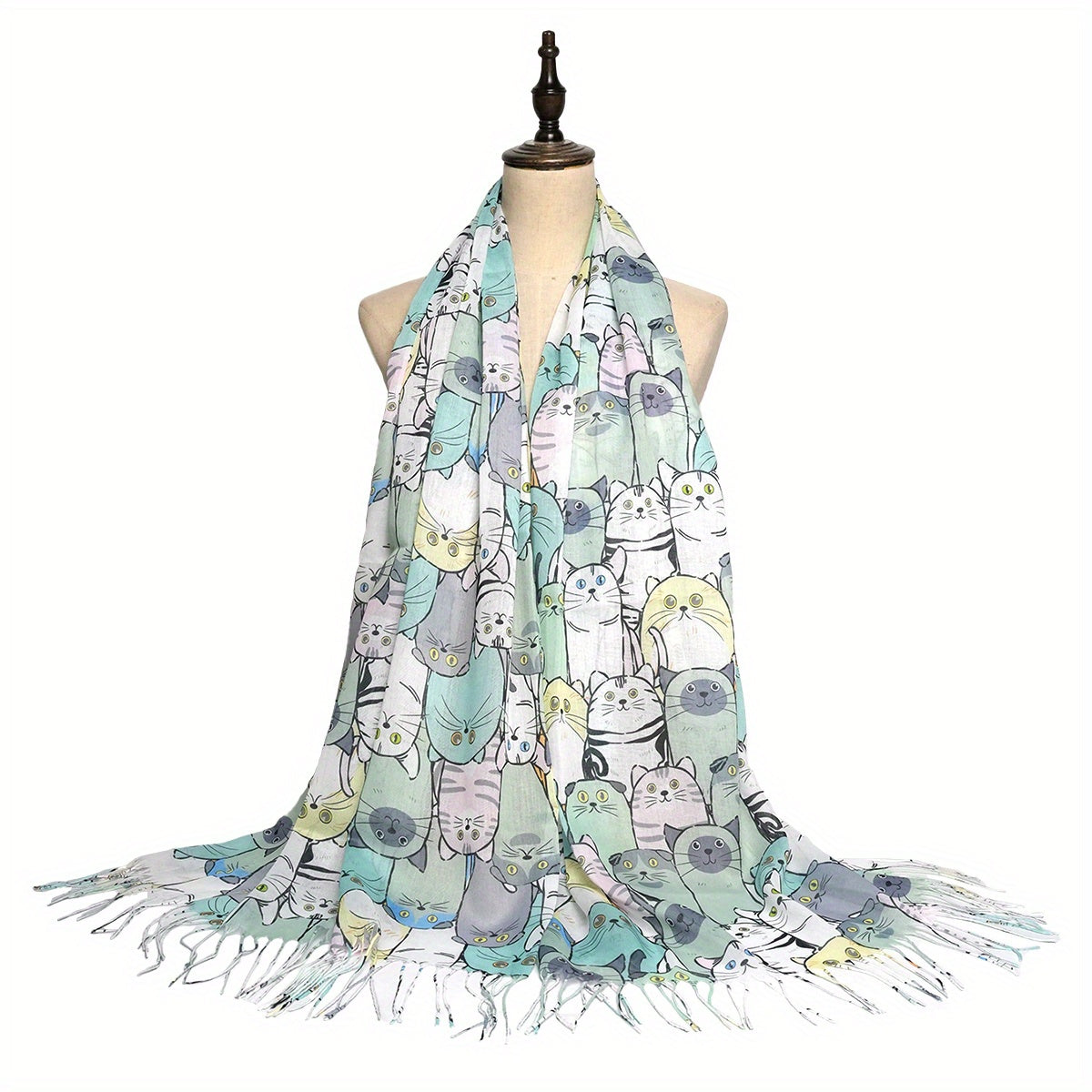 Colorful Cat Print Tassel Scarf Cartoon Shawl Casual Windproof Head Wrap