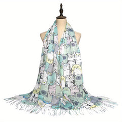 Colorful Cat Print Tassel Scarf Cartoon Shawl Casual Windproof Head Wrap