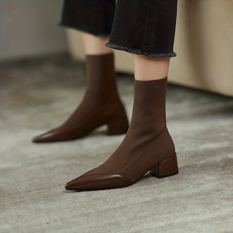 Women's Pointed Toe Ankle Boots Knitted Slip On Low Heels Stretch Short Boots