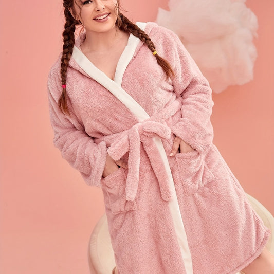 Women's Plus Flannel Long Sleeve Fleece Hooded Bathrobe