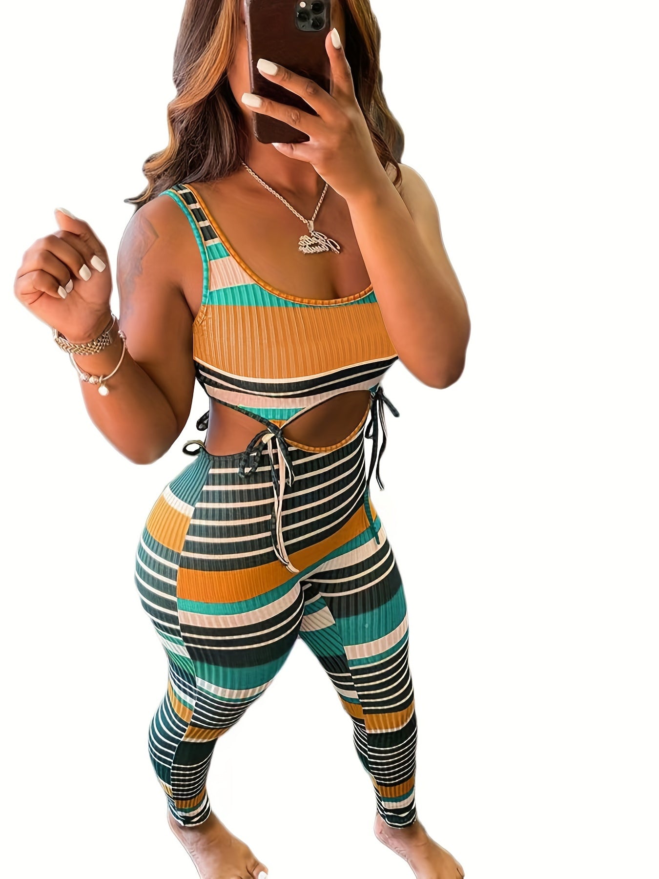 Striped Print Two piece Set Sleeveless Crop Top & High Waist Slim Pants