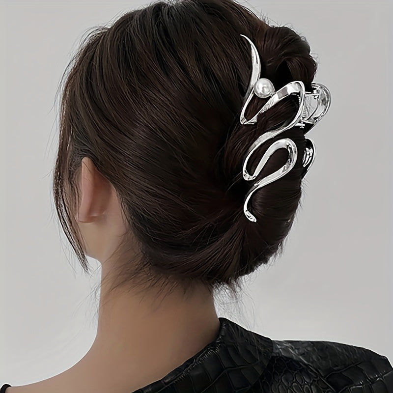 Wavy Faux Pearl Hair Claw Clip Silvery Strong Grip