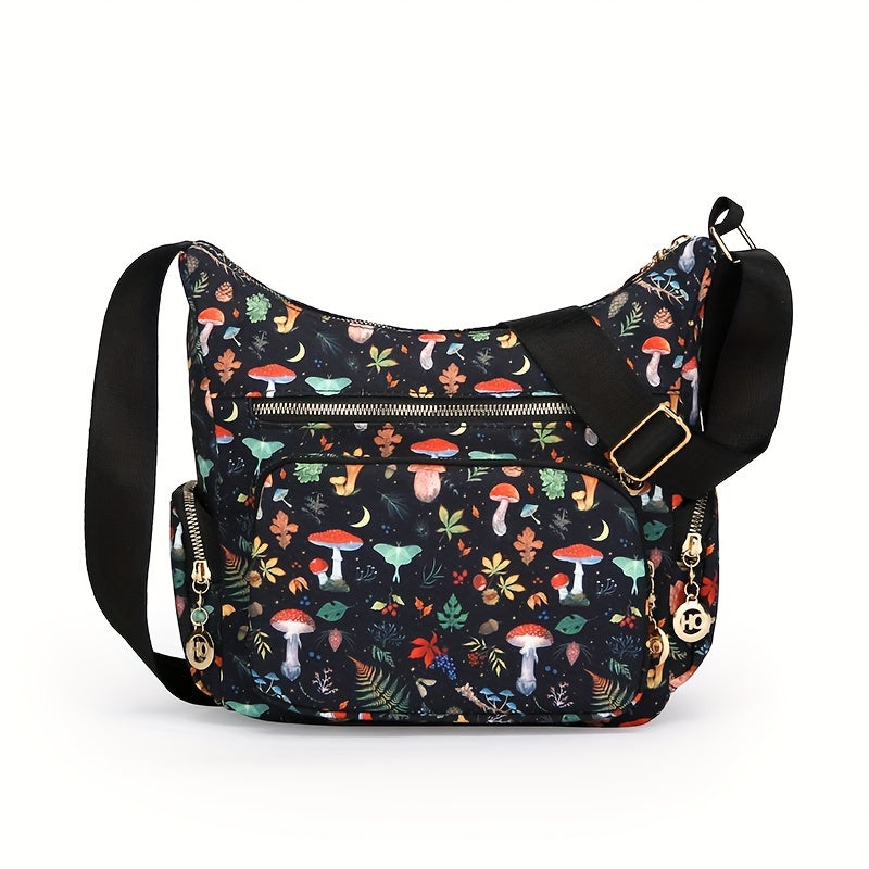 Fashionable Crossbody Handbag Floral & Mushroom Prints Adjustable Strap