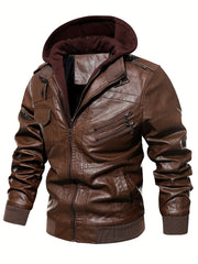 Men's PU Leather Hooded Jacket for Outdoor Cycling