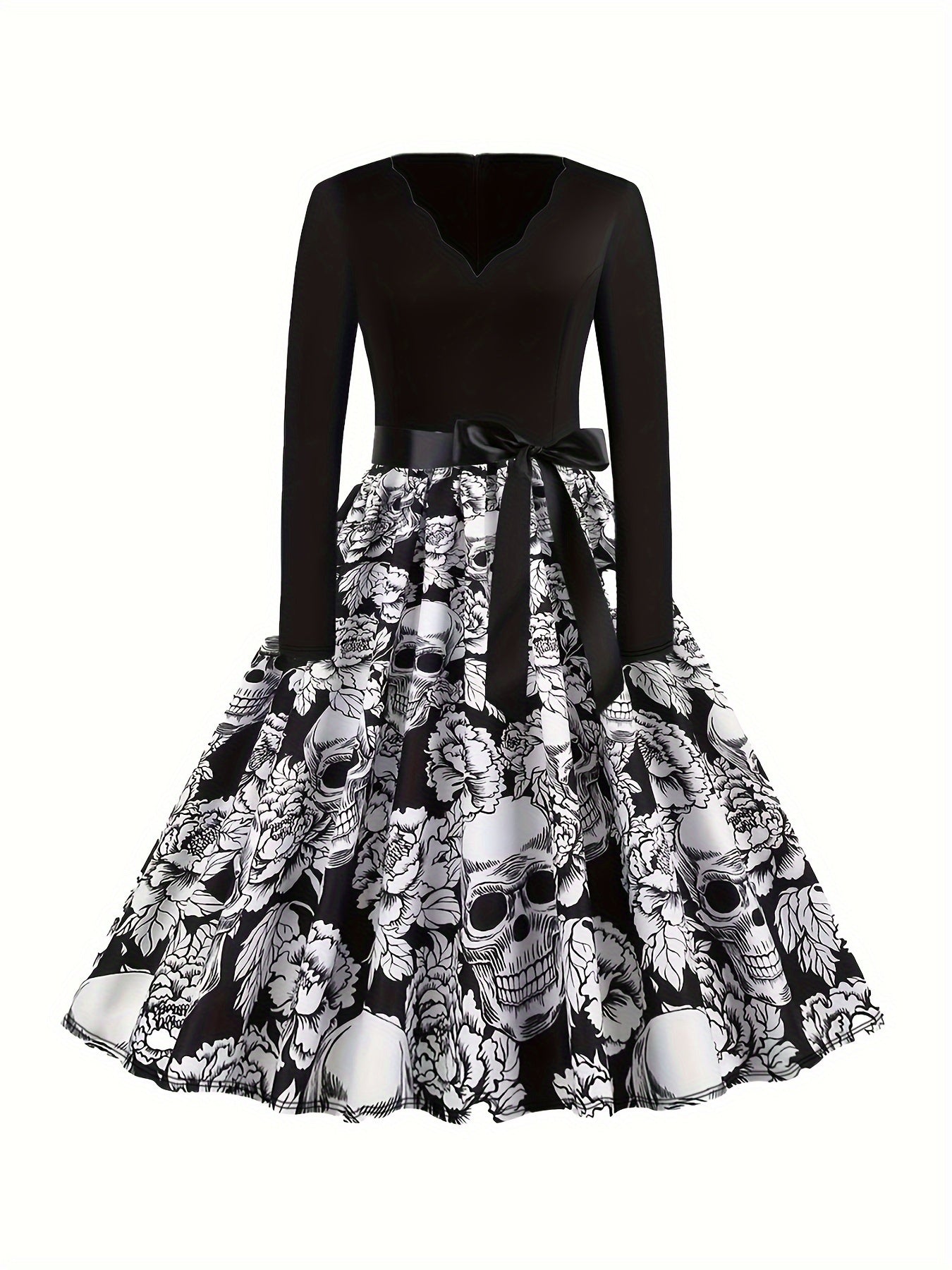 Colorblock Skull & Floral Print Plus Size Goth Dress
