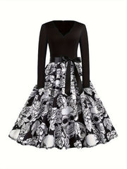 Colorblock Skull & Floral Print Plus Size Goth Dress