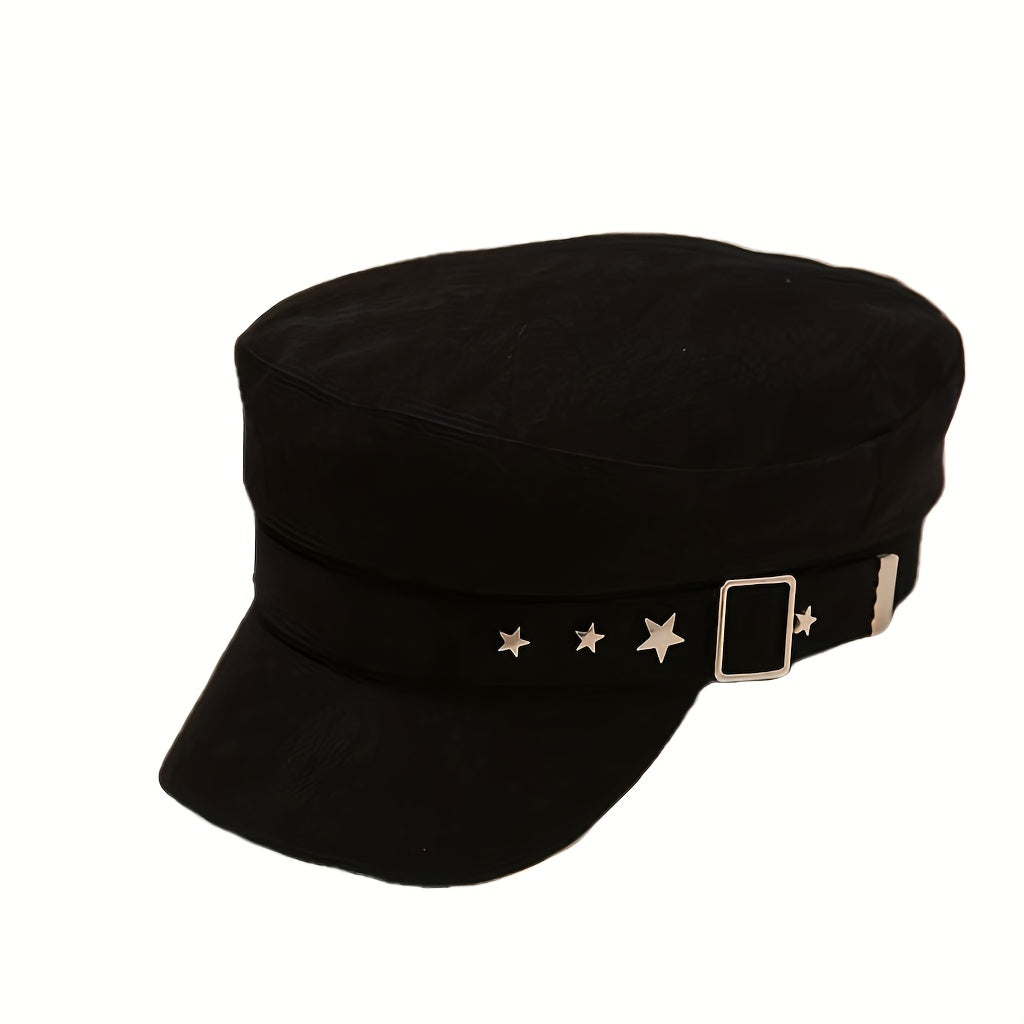 Embroidered Beret Cap Metal Star Strap Women Octagonal Hats