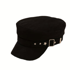 Embroidered Beret Cap Metal Star Strap Women Octagonal Hats