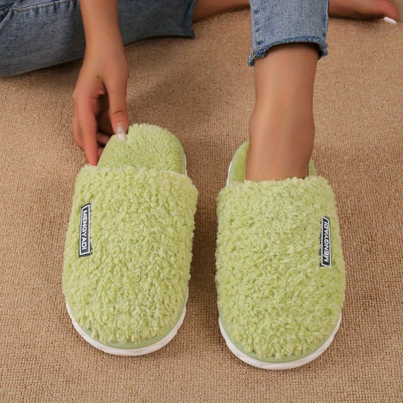 Women's Plush Flat Slippers Solid Warm Fuzzy Shoes Cozy Indoor Bedroom